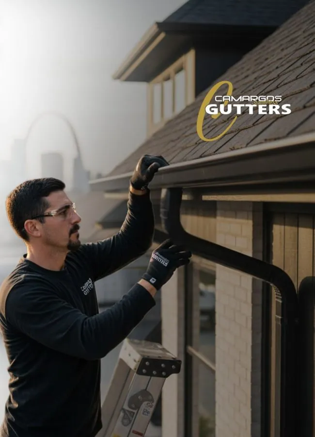 Camargos Seamless Gutters technician installing a downspout, with the St. Louis Arch in the background