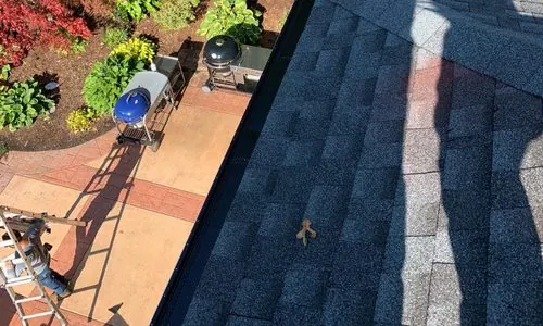 Gutter run seen from the roof above a backyard patio